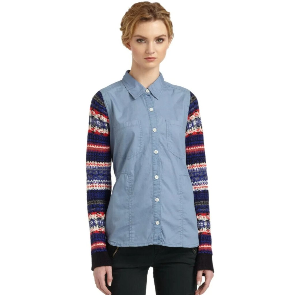 Free People Womens Boho Top Xs Chambray Fair Isle Sweater Sleeve Button Up